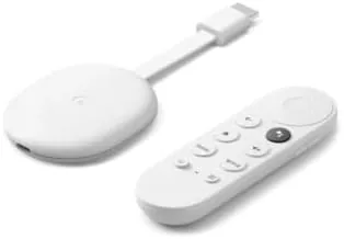 The Google Chromecast with Google TV stick beside its voice remote
