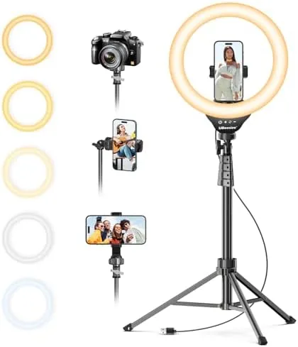 UBeesize 12 inch ring light with tripod and phone holder set up