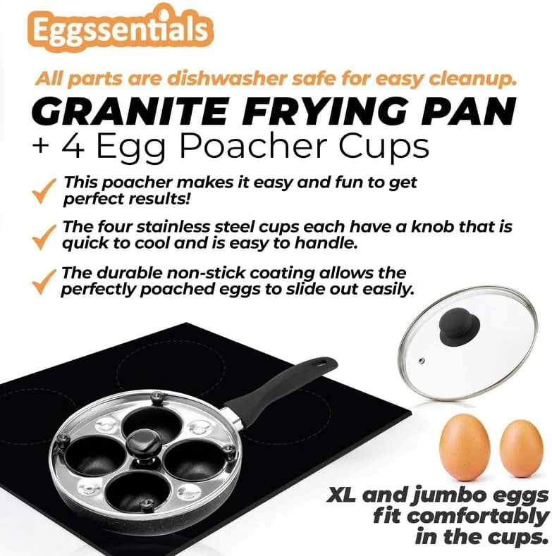 Four eggs poaching in the granite pan under the lid