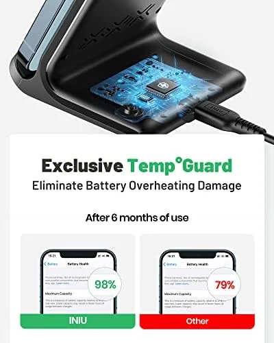 The INIU wireless charger on a bedside table in a dim room with the light faded