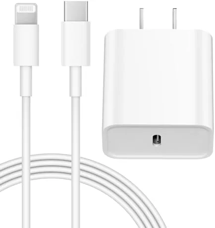 The 20W USB-C wall charger plugged into a socket with the 6 foot cable attached