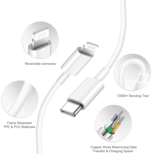 An iPhone charging at a desk with the 20W charger showing a battery indicator