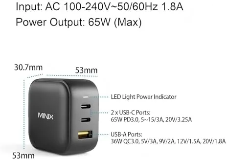 Another view of the MINIX P1 66W Turbo 3-Port GaN Travel Wall Charger USB