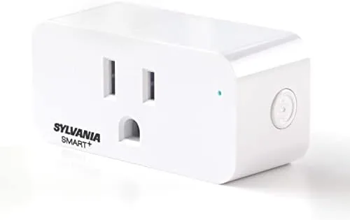 Close up of a single Sylvania smart plug showing the side button and LED