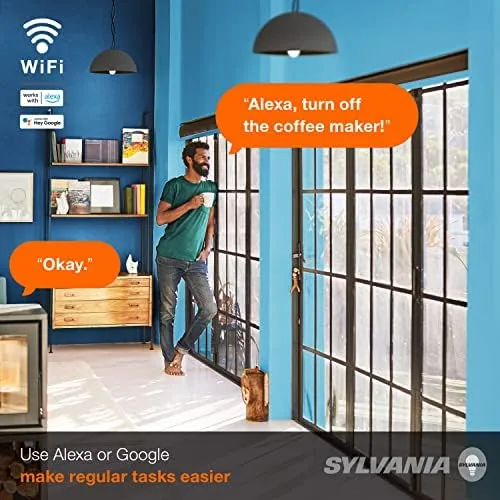 Alexa device beside a smart plug controlled lamp turning on