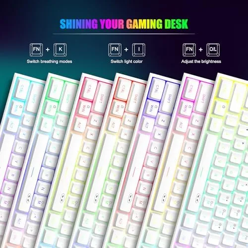 Close up of the white keycaps and RGB glow on the MageGee keyboard