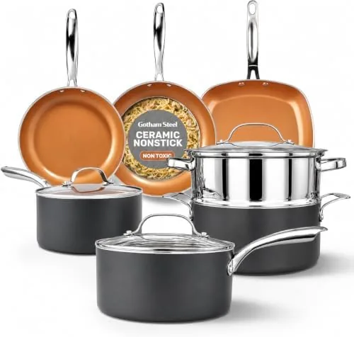 Gotham Steel 12 piece cookware set arranged on a stovetop