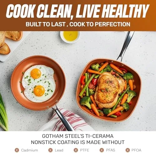 Gotham Steel set next to a stainless steel cookware set for comparison