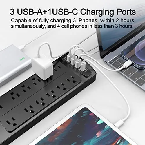 Home office setup powered by the ALESTOR surge protector with USB devices charging