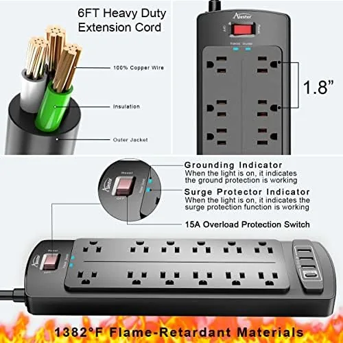 ALESTOR surge protector mounted under a desk with cables routed neatly to connected devices