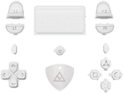 eXtremeRate white classical symbols button set laid out with the PS4 controller parts