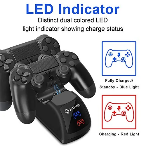 Charging LED indicator glowing while a controller sits in the dock