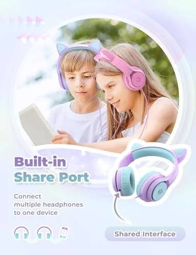 Detail shot of the iClever HS20 Kids Headphones for Toddler Girls, Cat Ear LED features