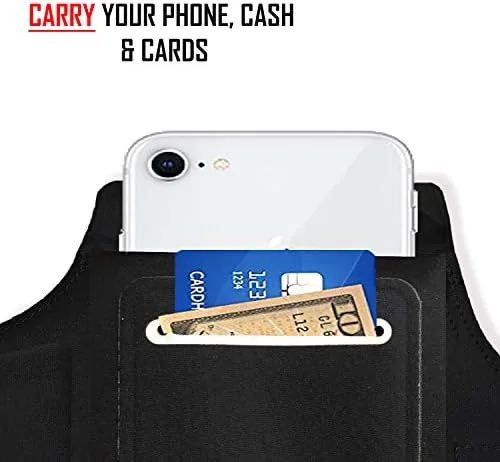 The armband stretched open beside an iPhone and a Samsung Galaxy with cases on