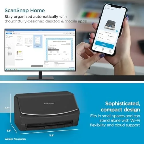 A tidy home office desk with the ScanSnap iX1600 scanning documents toward a laptop