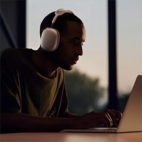AirPods Max in a carry pouch with an iPhone nearby showing seamless Apple pairing