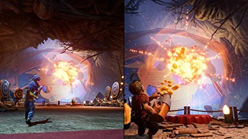 Two players on a couch playing It Takes Two in split screen co-op on a PlayStation 4