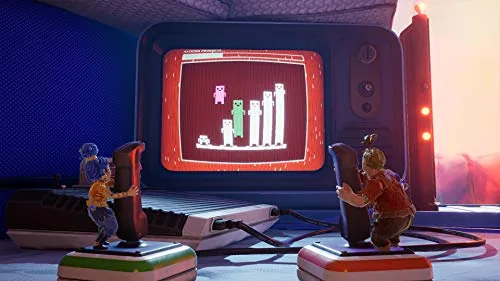 The two main characters from It Takes Two standing together in a colorful toy world level