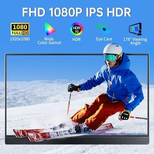 The portable monitor showing a colorful desktop wallpaper and open documents