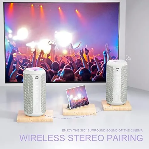 The speaker playing music next to a smartphone showing a Bluetooth connection