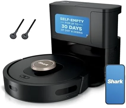 The Shark AV2501AE robot vacuum docked in its self-emptying base