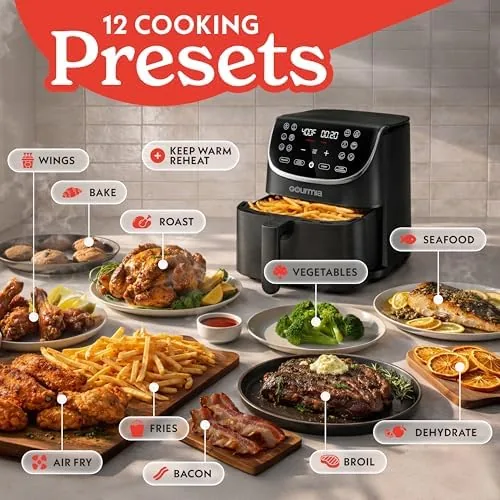Close up of the LED display and touch controls on the air fryer