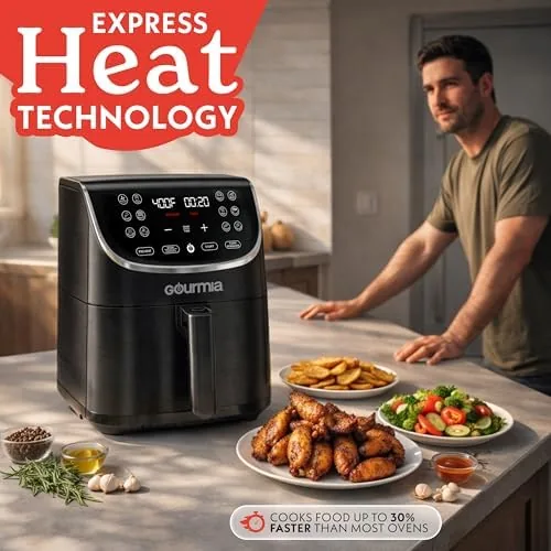 The Gourmia air fryer next to a smaller compact air fryer for size comparison