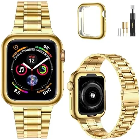 The gold stainless steel Apple Watch band laid out on a table with the watch attached