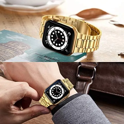 The gold metal band next to the stock black sport band for comparison