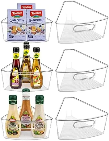 Six-pack of Lazy Susan wedge organizer bins arranged on a corner cabinet shelf