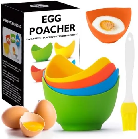 Four silicone egg poaching cups on a kitchen counter