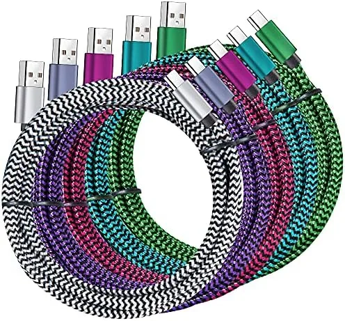 Five braided USB C cables arranged in a fan