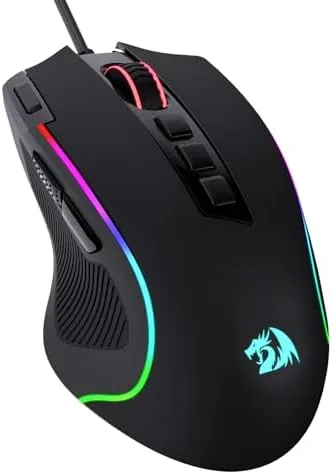 The Redragon M612 gaming mouse on a desk with RGB lighting on