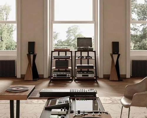 Close look at the FITUEYES 4-Tier AV Media Stand Corner Shelf for Record Player build quality