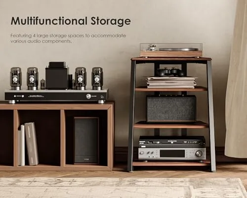 The FITUEYES 4-Tier AV Media Stand Corner Shelf for Record Player in real use
