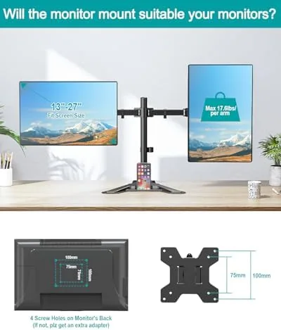The MOUNT PRO Dual Monitor Stand, Free-Standing Full Motion Monitor Desk in real use