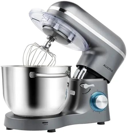 Front view of the Aucma 6.5-QT 660W tilt head stand mixer in gray