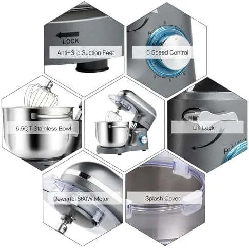 The stainless steel bowl, dough hook, wire whip and beater of the Aucma mixer