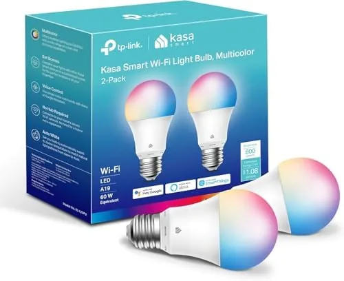 Two Kasa KL125P2 smart bulbs with one glowing in a lamp