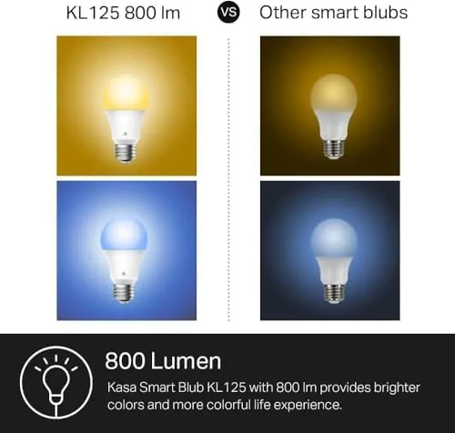 The Kasa smart bulb glowing in a color scene in a living room