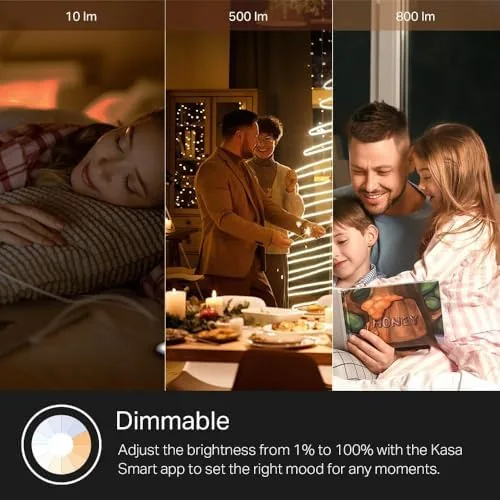 A bedroom lamp with the Kasa smart bulb showing warm white light