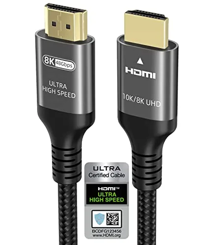 The certified 48Gbps HDMI cable coiled with the packaging