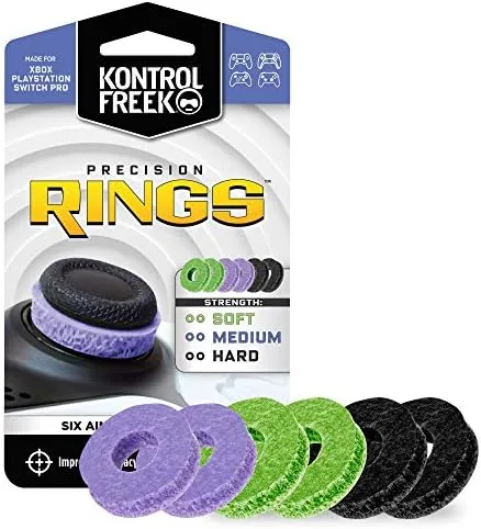 The KontrolFreek Precision Rings set in black, purple, and green on a flat surface