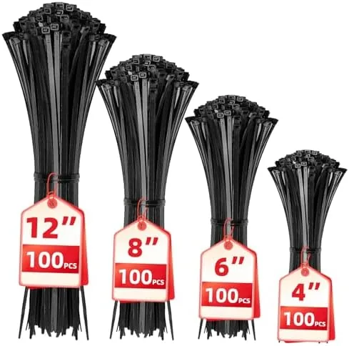 A 400-pack of black zip ties spread out in assorted sizes
