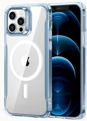The blue ESR iPhone 12 Pro Max MagSafe case holding the phone