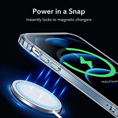 A MagSafe charger attaching to the ESR case with the magnet ring visible