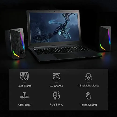 Detail shot of the Redragon GS510 RGB Wired Desktop Speakers, 2.0 Channel Stereo Sound features