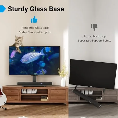 A media console setup with the universal TV stand and neatly routed cables