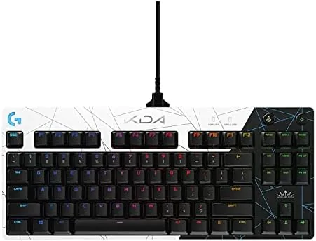 A gaming setup with the G PRO K/DA keyboard in front of a monitor