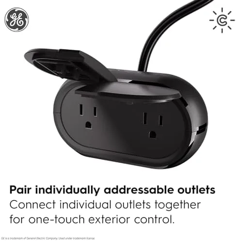 Detail shot of the GE Cync Outdoor Smart Plug, Wi-Fi & Bluetooth, Alexa & features